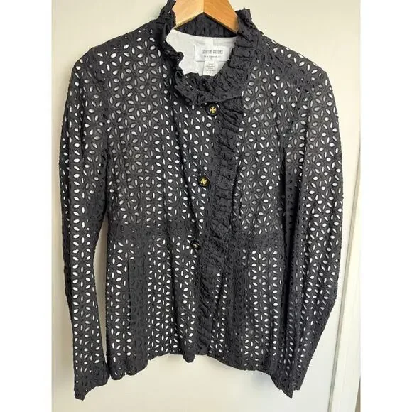 Skirtin Around 8 Black and White Floral Eyelet Ruffle Edged Jacket w Buttons - Picture 5 of 8